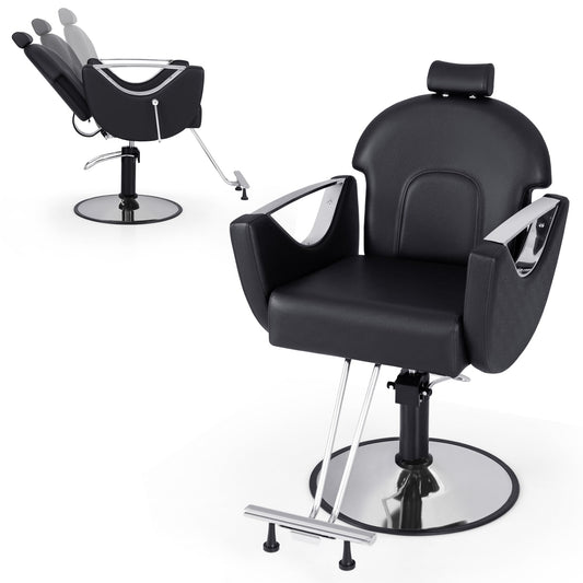 Reclining Salon Chair for Hair Stylist in black, shown from the front with a smaller inset showing it reclined