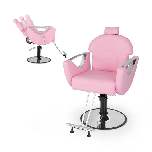 Reclining Salon Chair for Hair Stylist-Pink, shown with a second chair in the background tilted back
