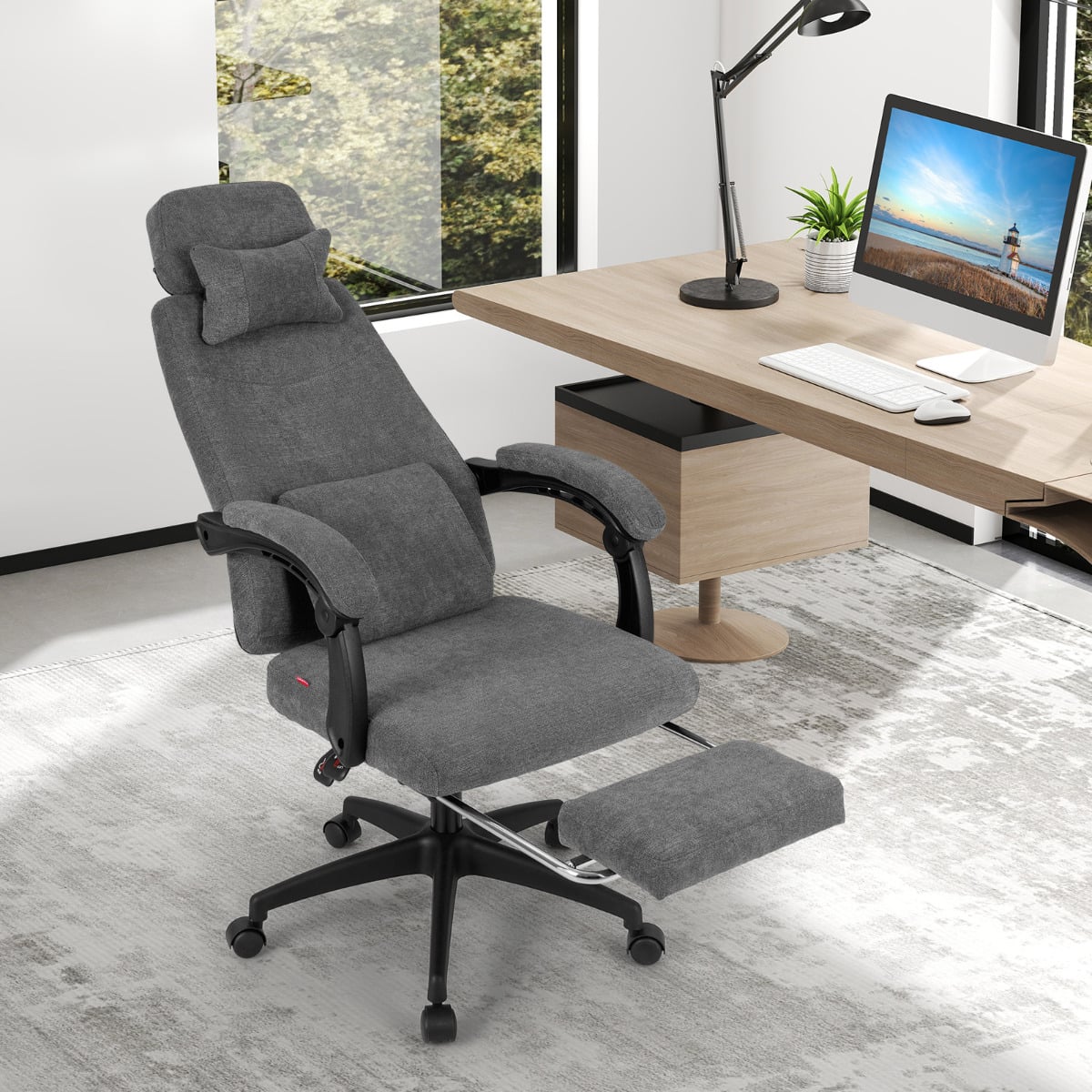 Reclining Home Office Chair Chenille Fabric Upholstered Computer Desk Chair with Padded Linkage Armrests-Grey