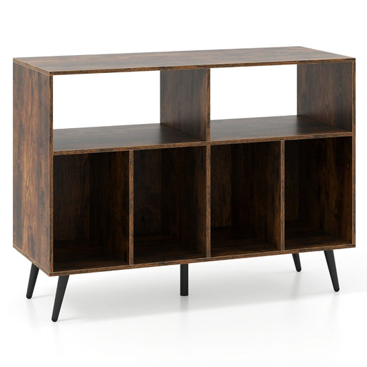 Record Player Stand with a rustic brown finish and multiple storage compartments on black legs