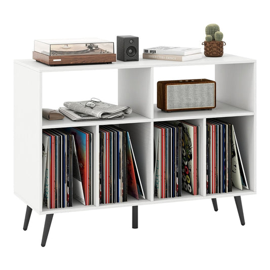 Record Player Stand 3-Tier Turntable Stand-White with shelves full of vinyl records and decorative items