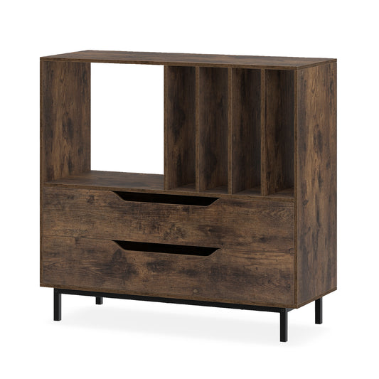 Record Player Stand with two drawers and open storage shelves on a black metal frame