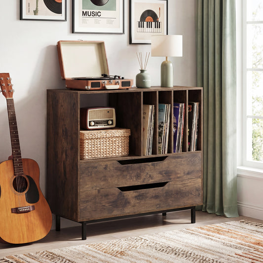 The side table holding a turntable and vinyl records in a living room setting