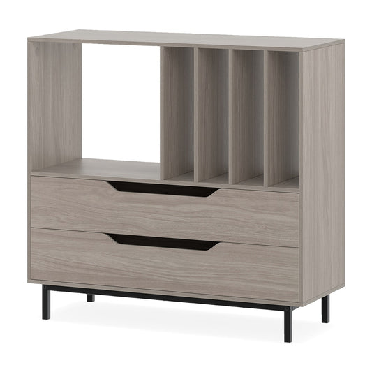 Record Player Stand Mid Century Turntable Stand with Open Compartment-Grey, a grey unit with two drawers and open shelving