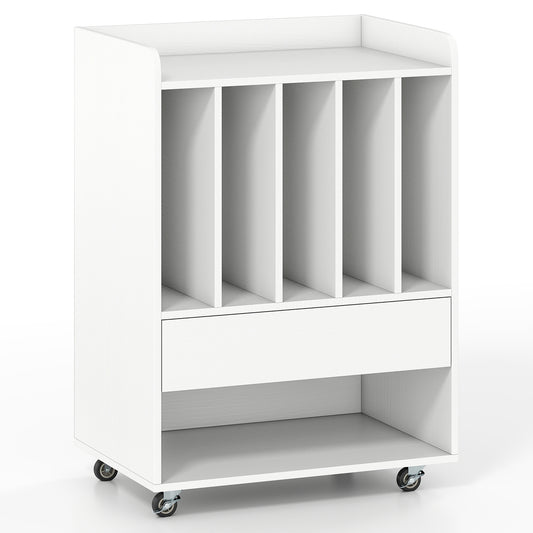 Record Player Stand On Wheels with 5 compartments and a drawer, shown from the front on castors