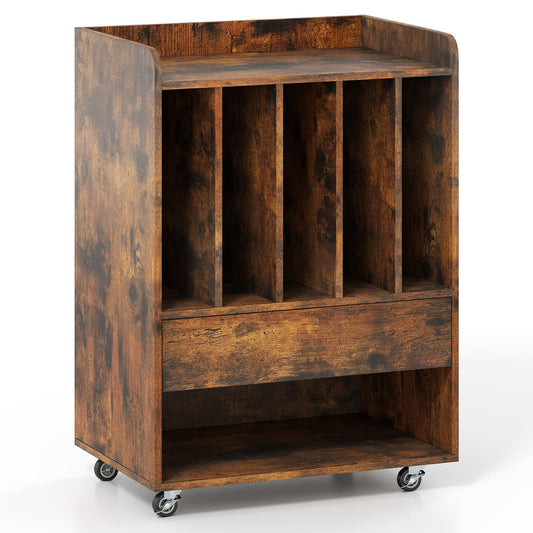 Record Player Stand On Wheels with 5 compartments and a drawer in brown wood effect finish