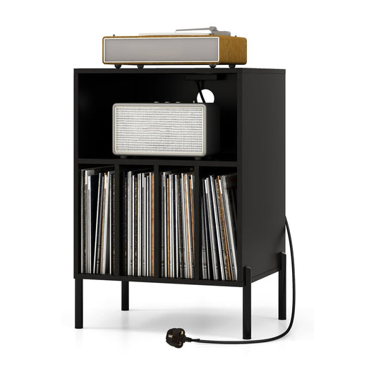 Record Player Stand Turntable Stand with Charging Station-Black, a black unit with shelves for records and a top surface