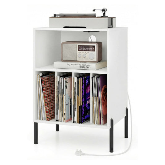 Record Player Stand with a turntable on top and vinyl records stored in the lower compartments