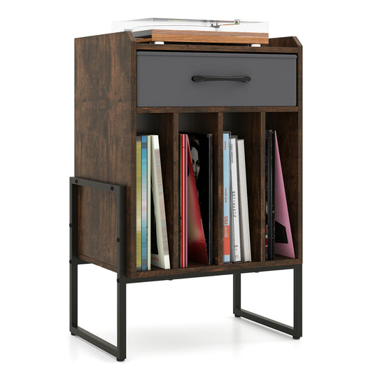 Record Player Stand with a turntable on top and vinyl records stored in the lower compartments