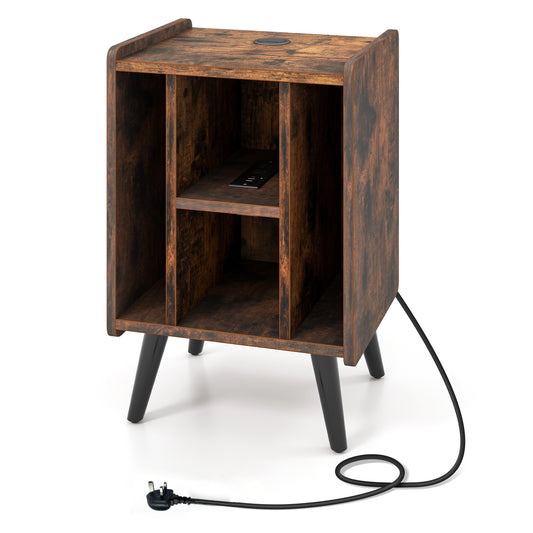 Record Player Stand with 4 open shelves and a power outlet with USB charging port