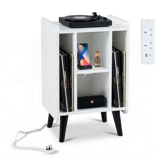 Record Player Stand with 4 open shelves and a power outlet with USB charging port