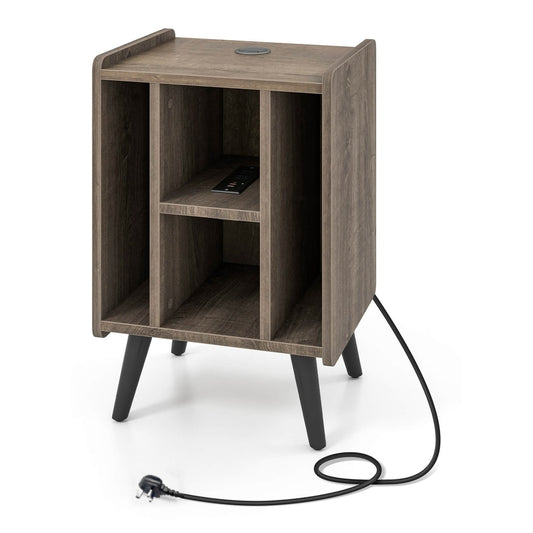 Record Player Stand with 4 open shelves and angled legs, with a power cable plugged in