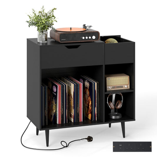Record Player Stand with built-in power strip and 3 dividers in black, shown with a record player and vinyl records