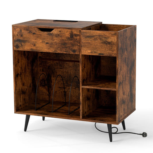 Record Player Stand with built-in power strip and 3 dividers in rustic brown