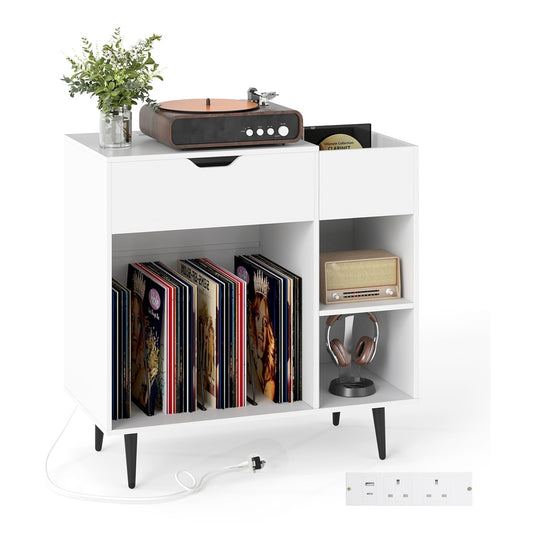 Record Player Stand with built-in power strip and 3 dividers in white