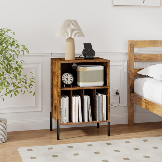 The brown end table with storage compartments and a charging station is shown in a bedroom setting