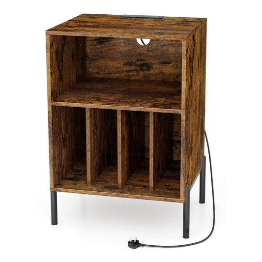 Record Player Stand with charging station and five storage compartments in brown wood effect