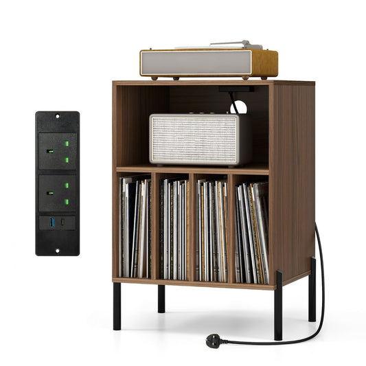 Record Player Stand with charging station and five storage compartments in walnut finish