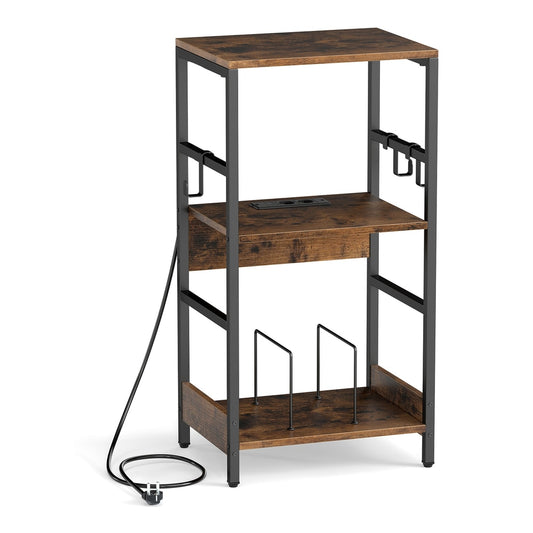 Record Player Stand with three shelves and side hooks on a white background