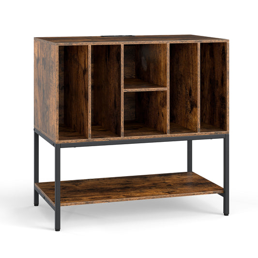 Record Player Stand with Charging Station for Living Room-Rustic Brown, a tall rectangular unit with multiple shelves and a