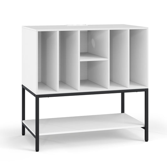 Record Player Stand with Charging Station for Living Room-White, a white unit with black legs and multiple storage cubbies