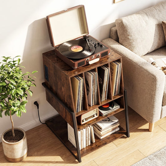 The record player stand with vinyl storage is shown next to a sofa with a plant and a record player on top