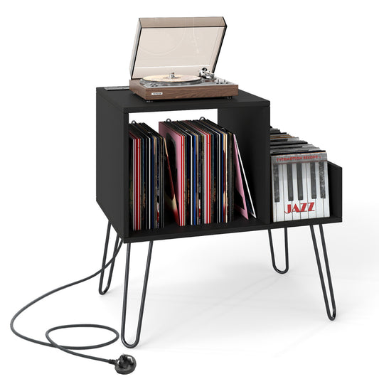 Record Player Stand with Power Outlet and Removable Dividers in black with a record player on top and vinyl records stored