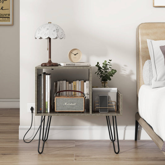 Record Player Stand with Power Outlet and Removable Dividers in Grey