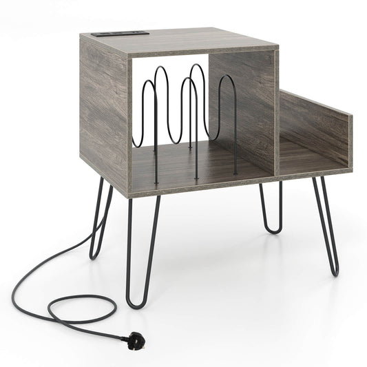 Record Player Stand with Power Outlet and Removable Dividers featuring a grey finish and metal legs