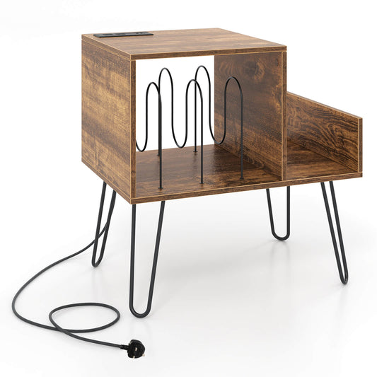 Record Player Stand with Power Outlet and Removable Dividers in rustic brown wood effect with black metal legs