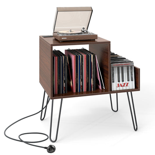 Record Player Stand with Power Outlet and Removable Dividers holding a turntable and vinyl records