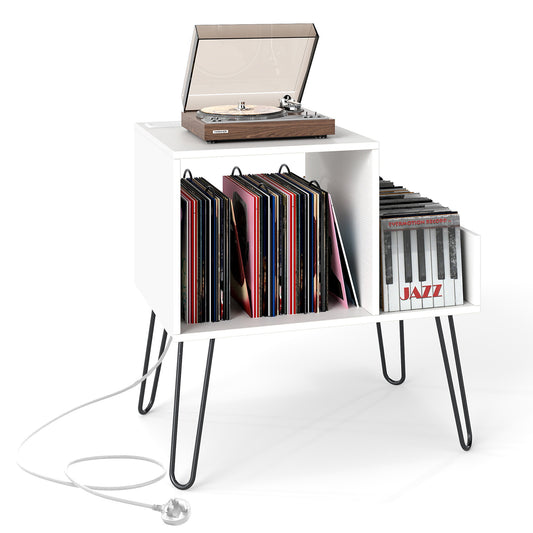 Record Player Stand with Power Outlet and Removable Dividers in White