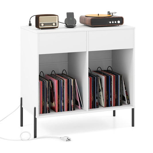 Record Player Stand in white with two drawers and open shelves filled with vinyl records
