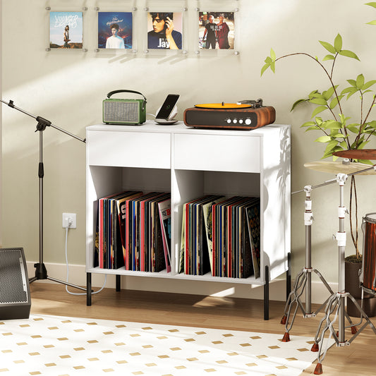 The end table placed in a music room with a turntable and vinyl records on display