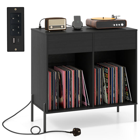 Record Player Stand with power outlets and drawers in black, showing the front with a record player on top