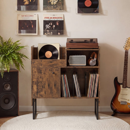 The record player stand in a living room with a record player on top and vinyl records stored inside
