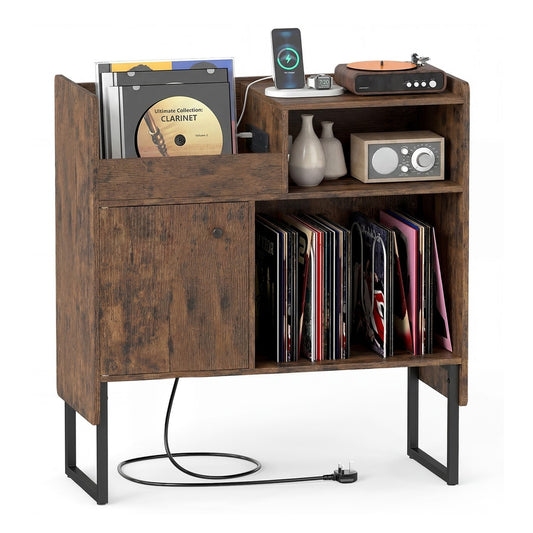 Record Player Stand with Power Outlets and Open Shelf in rustic brown wood effect with black metal legs