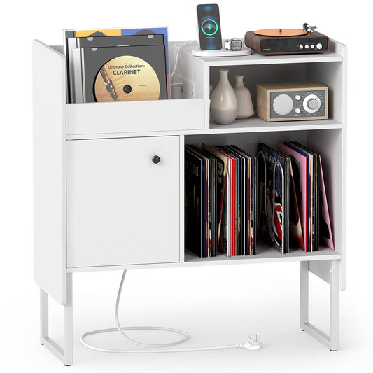 Record Player Stand with Power Outlets and Open Shelf filled with vinyl records and electronics