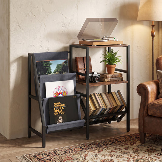 The record player stand in a living room with a record player and books