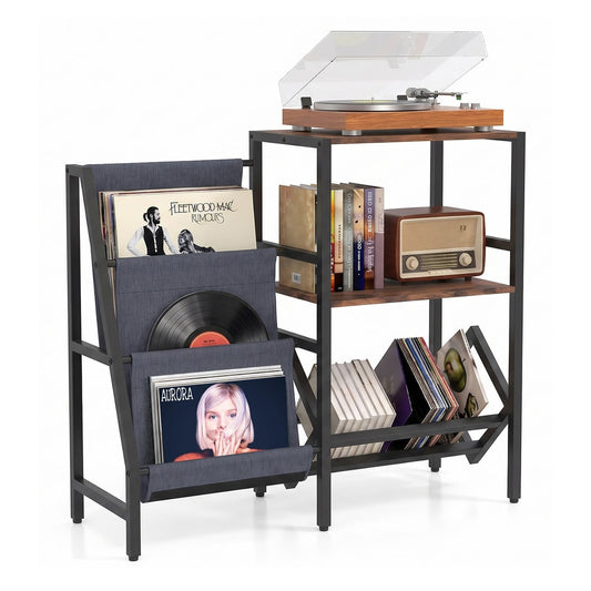 Record Player Stand with vinyl record storage shelf for 400+ albums in rustic brown