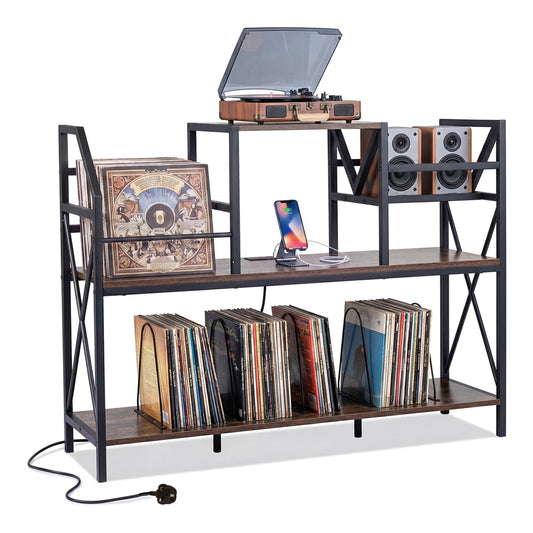 Record Player Stand with vinyl storage, power outlets and dividers for albums in rustic brown