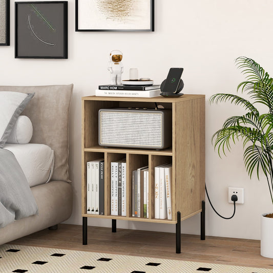 The natural wood record player stand with a charging station on top and five storage compartments below