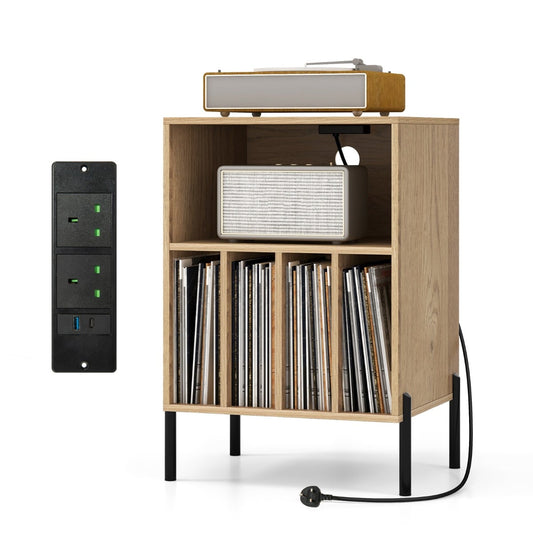 Record Player Stand with a power socket panel shown to the side and vinyl records in the base