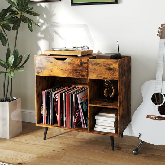 This end table is shown in a room with a record player on top and vinyl records inside