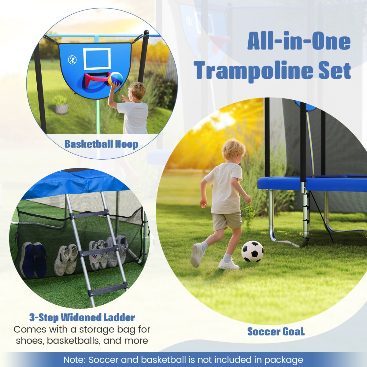All-in-one trampoline set with basketball hoop and soccer goal accessories