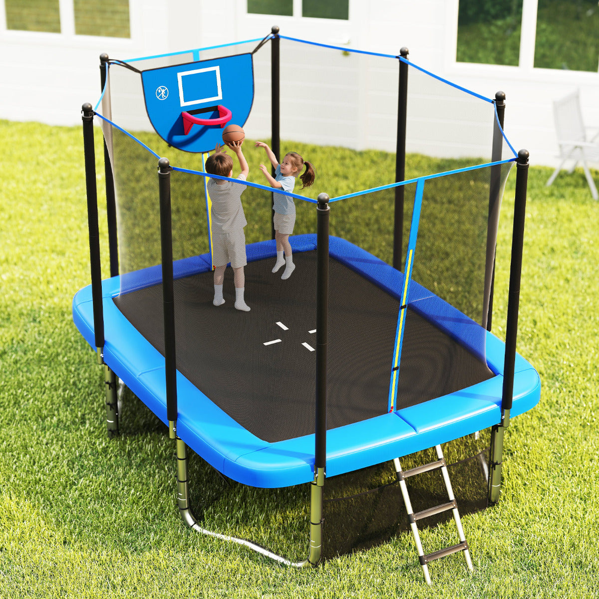 Two children playing basketball on the blue outdoor trampoline in a garden setting