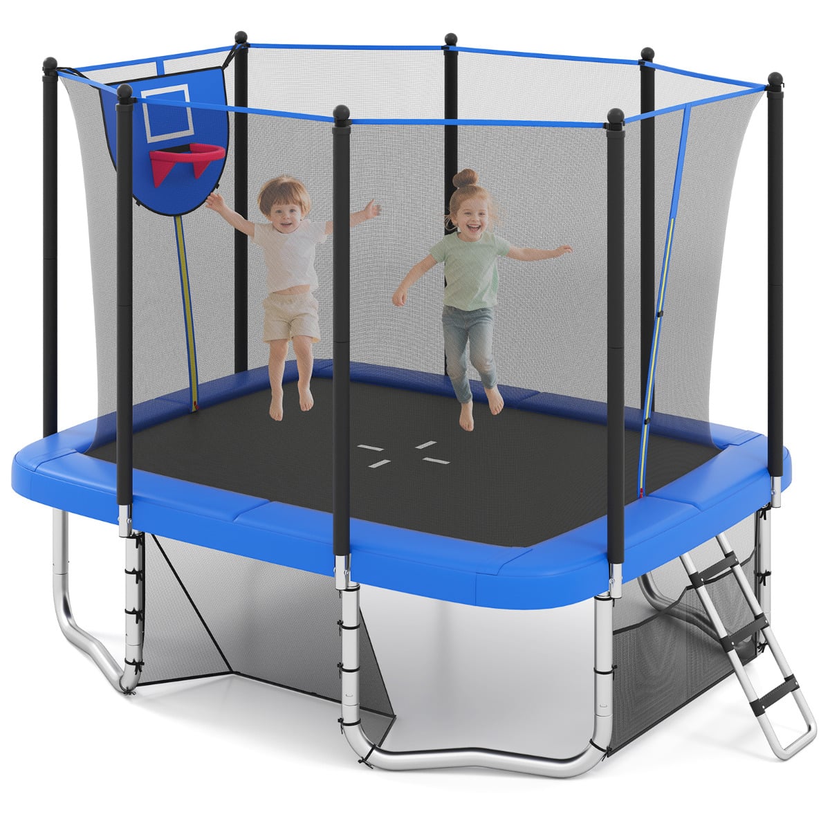 Four children enjoying bouncing on the blue outdoor trampoline with safety net