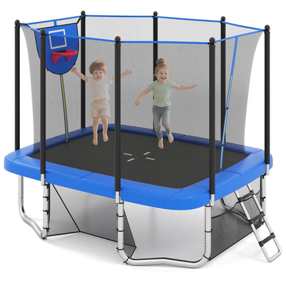 Four children enjoying bouncing on the blue outdoor trampoline with safety net