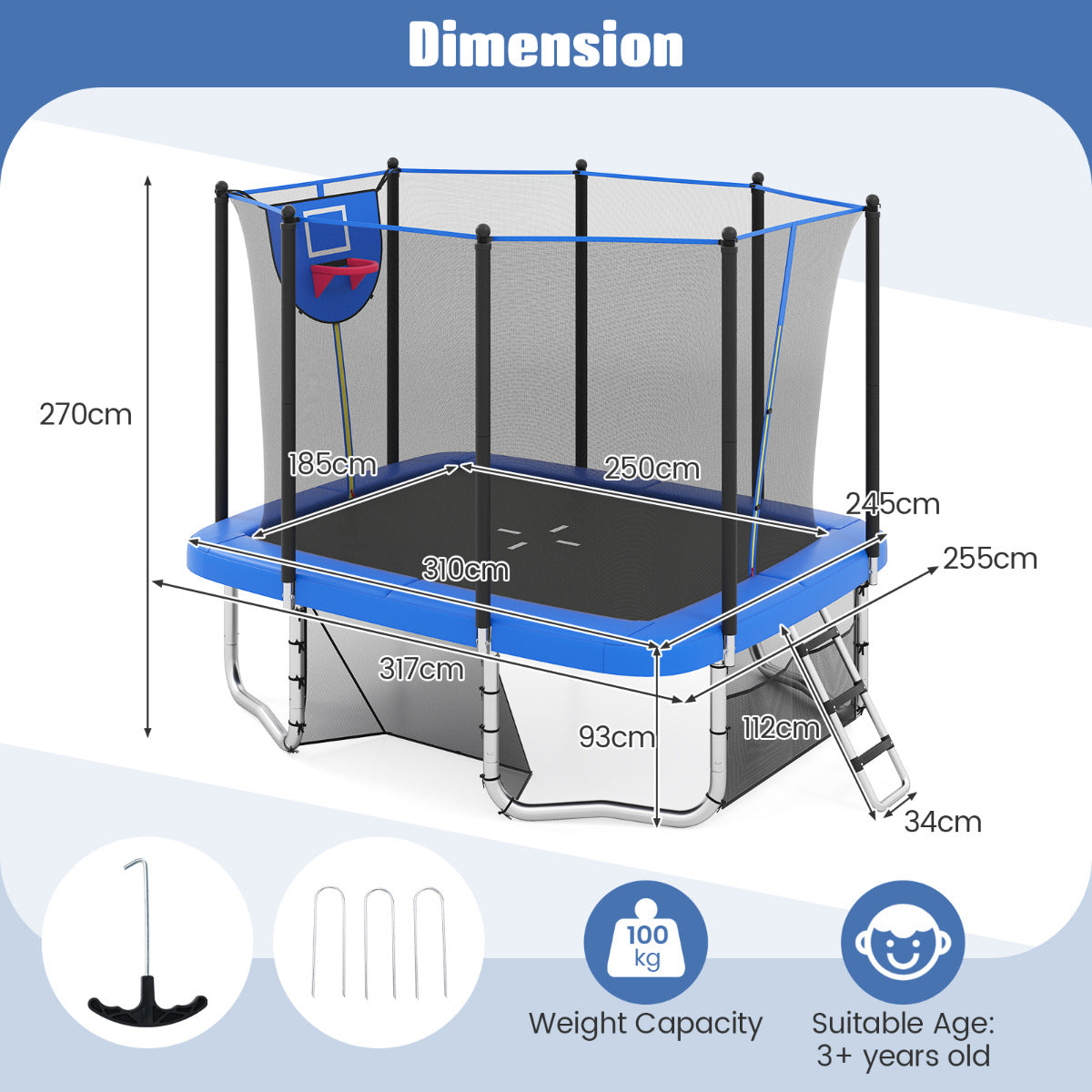 Dimension diagram of the blue outdoor trampoline showing measurements