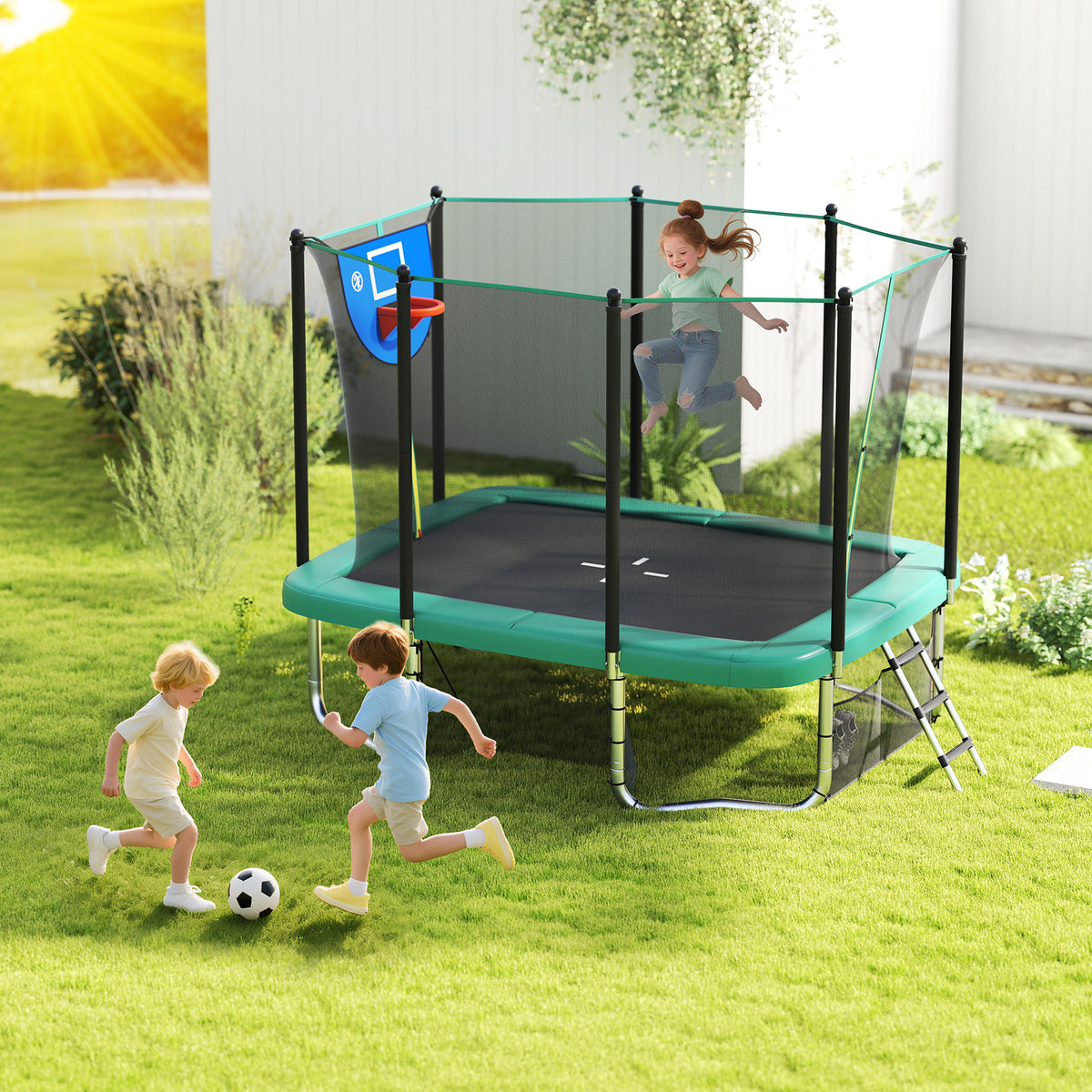 Children playing football and jumping on the green rectangle outdoor trampoline in a sunny garden